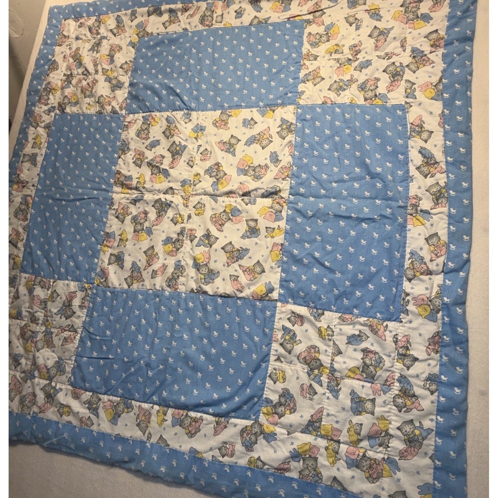 Vintage Kitty Cats Baby QUILT Handmade Hand Sewn Pastel Kitten Rocking Horses
